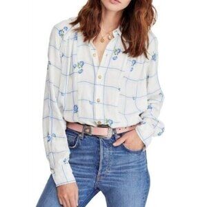 Free People Window To My Heart Blue White Checkered Button Down Blouse Size S